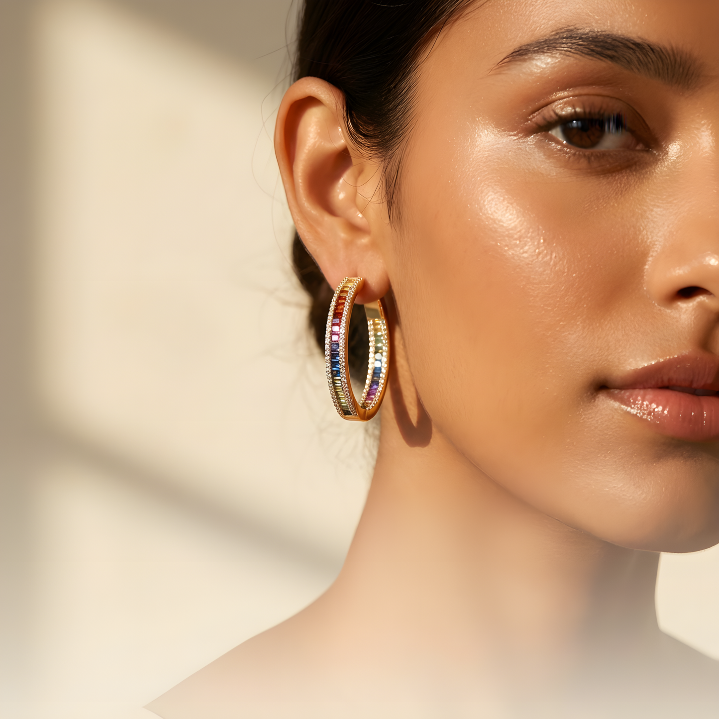 Rainbow Diamond Baguette Large Hoop