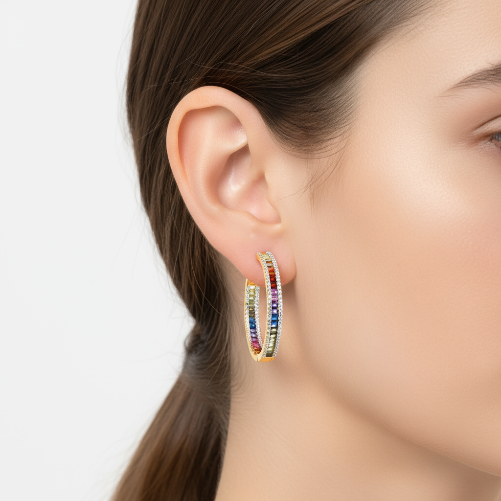 Rainbow Diamond Baguette Large Hoop