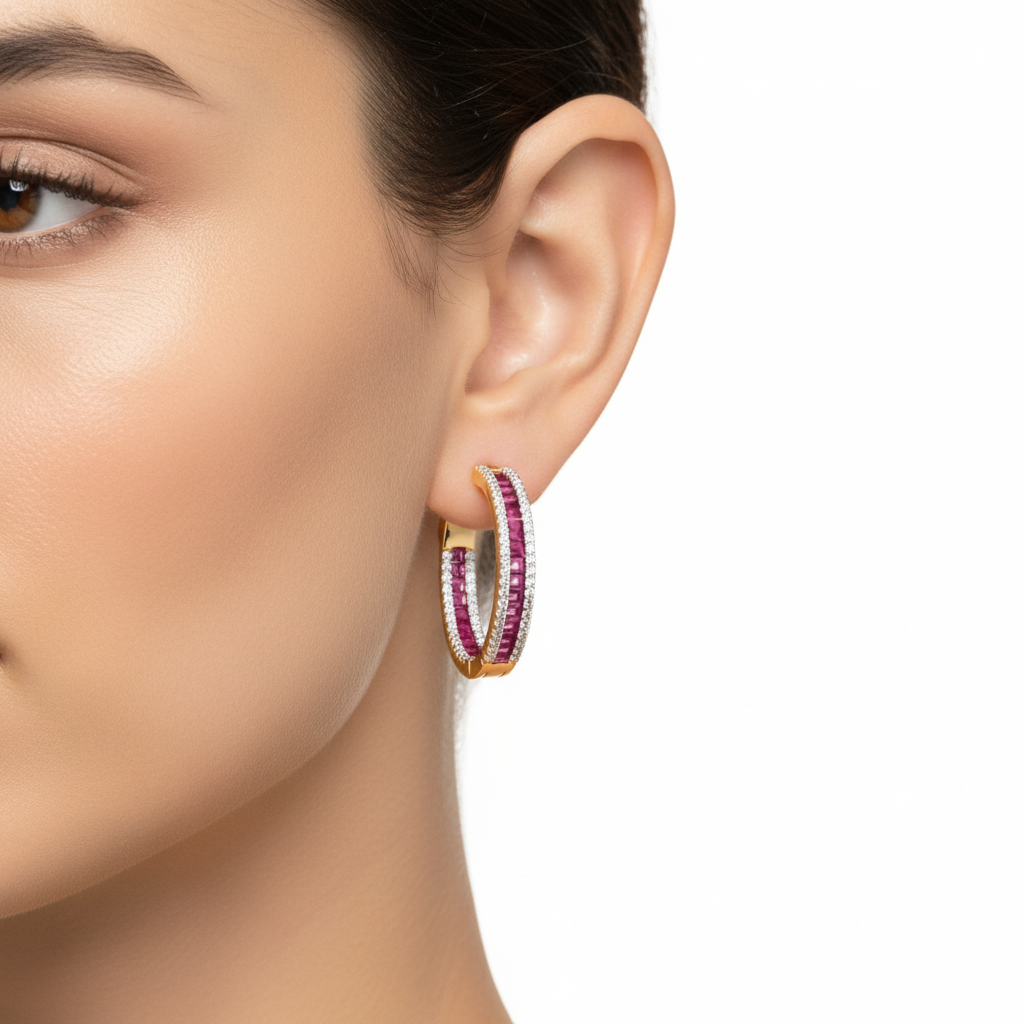 Ruby Baguette Diamond Hoops