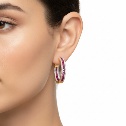 Ruby Baguette Diamond Hoops