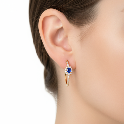 One Blue Sapphire Diamond Hoops